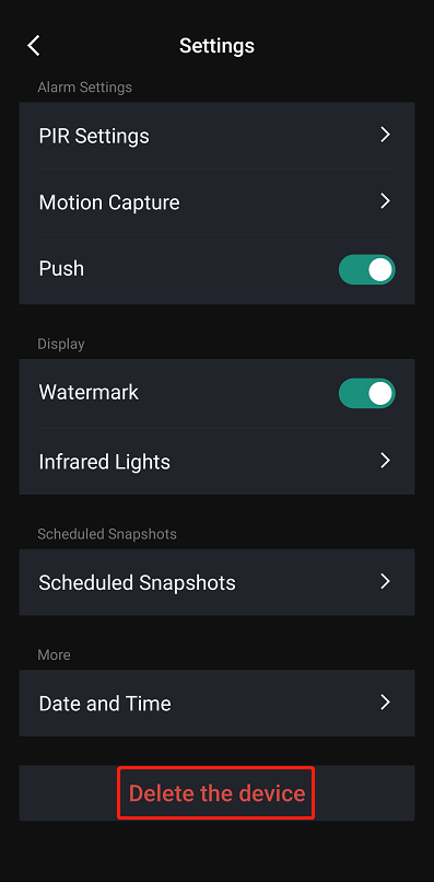 delete the device on the App