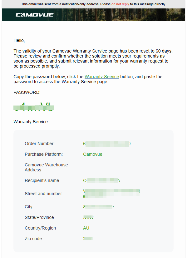 CamovueRMA address