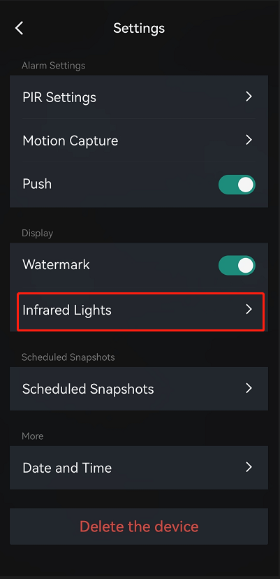 infrared lights settings